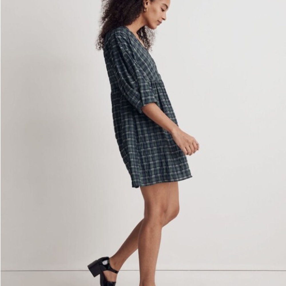 Madewell Marianna Puff-Sleeve Mini Dress in Plaid size large - Picture 3 of 13